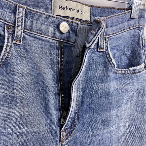 Reformation Jeans Size 27 Blue Denim High & Skinny Rhine Wash Distressed Biker - Picture 16 of 16